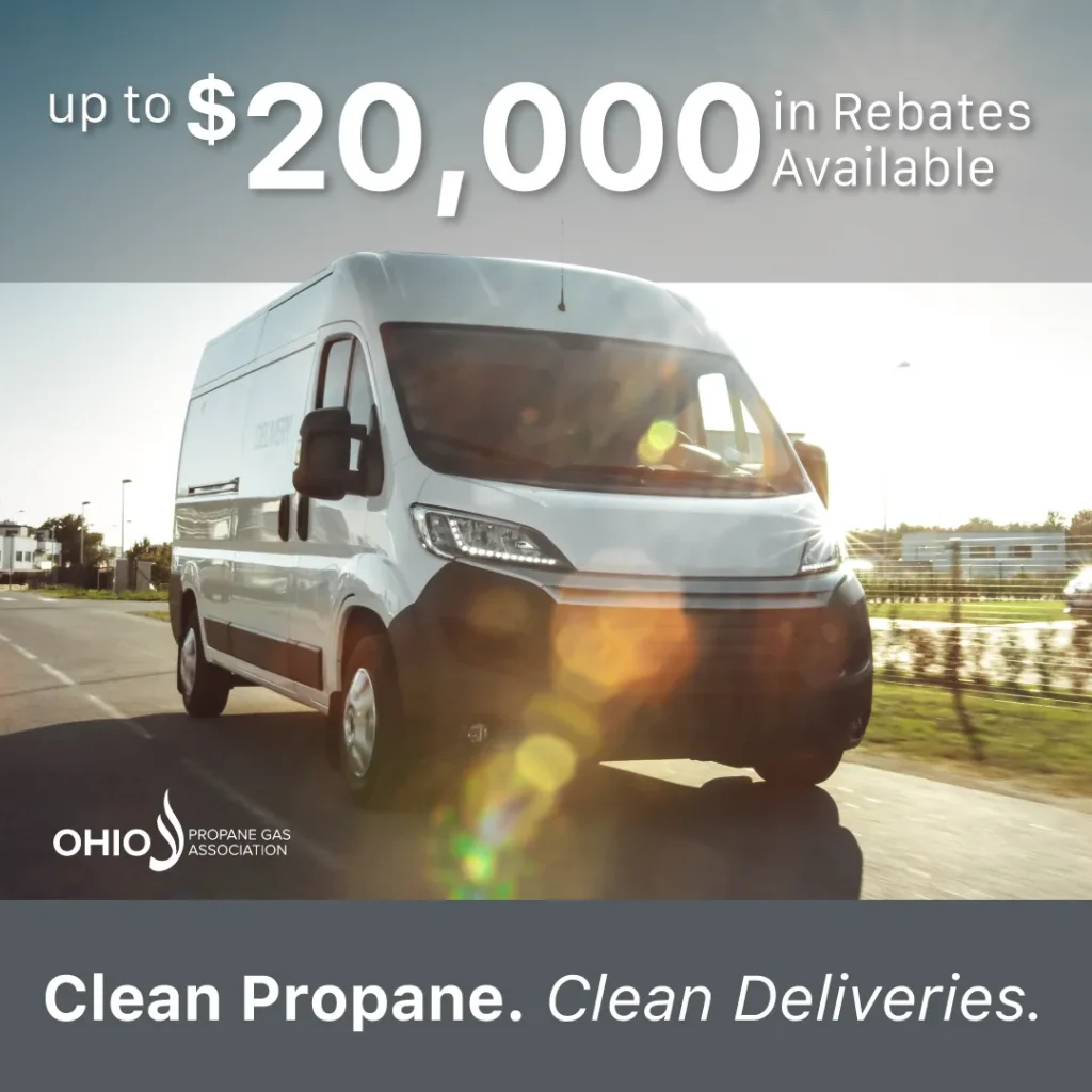 White delivery van driving at sunset with text promoting clean propane deliveries and rebates up to $20,000