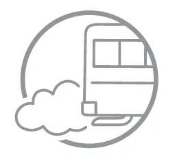 Gray icon of the rear of a bus with an exhaust cloud inside a circle