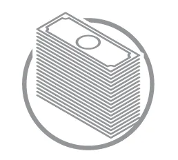 Gray icon of a stack of dollar bills inside a circle