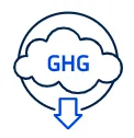 Blue GHG reduction icon with a cloud and downward arrow