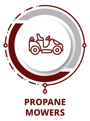 Propane mowers icon with red line drawing of a riding lawn mower