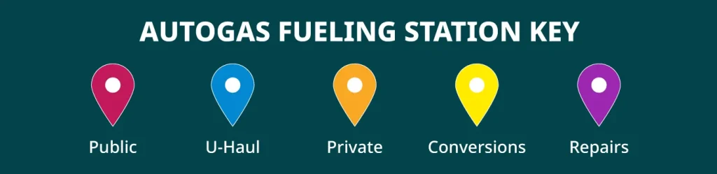 Autogas fueling station key showing colored map pins for public, U-Haul, private, conversions, and repairs