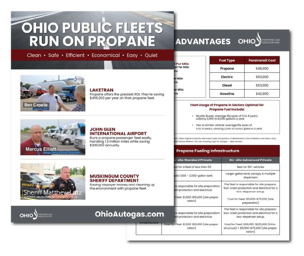 Ohio public fleets run on propane brochure showing case studies, costs, and infrastructure advantages