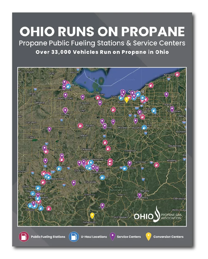 Map of Ohio propane public fueling stations, U-Haul locations, service centers, and conversion centers