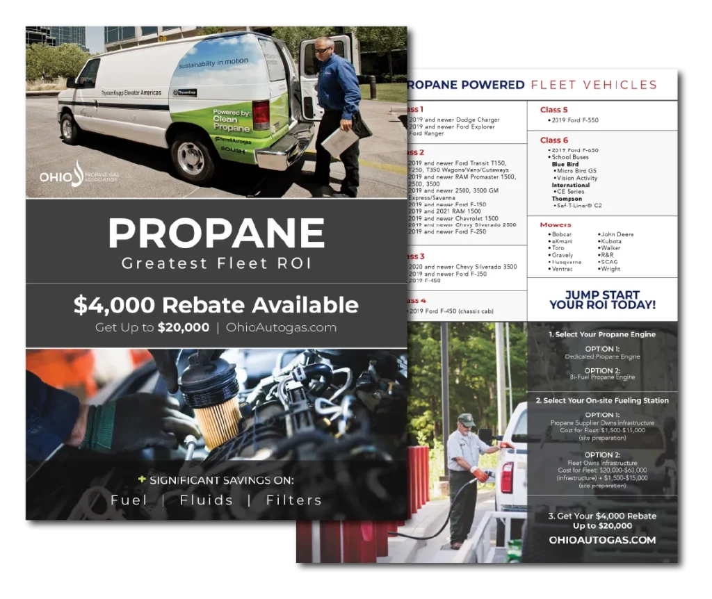 Ohio propane fleet brochure advertising $4,000 rebates and savings on fuel, fluids, and filters