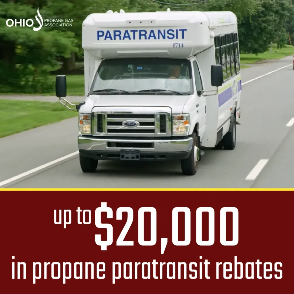 White paratransit shuttle bus on the road with text promoting clean transportation and rebates up to $20,000