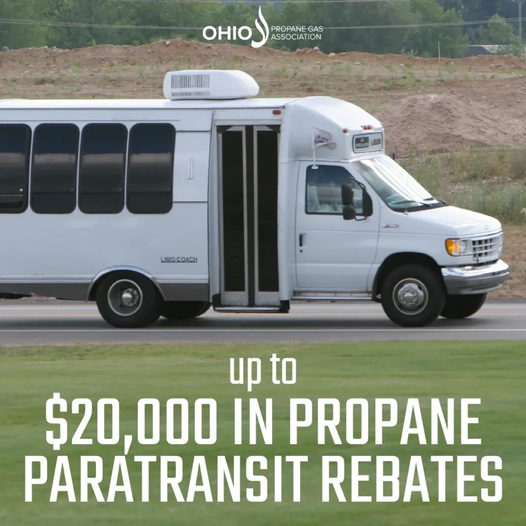 Side view of a white shuttle bus with text about propane paratransit rebates up to $20,000