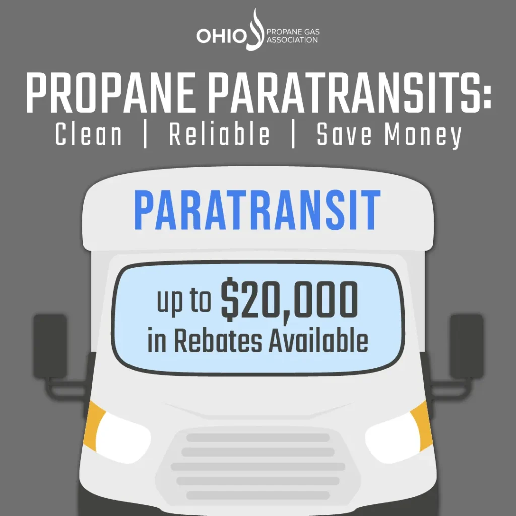 Front-view paratransit bus illustration promoting propane paratransit rebates up to $20,000