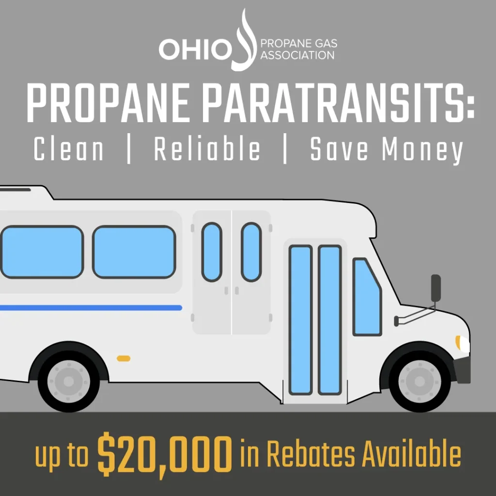 Illustrated paratransit bus graphic with Ohio Propane Gas Association and rebates up to $20,000