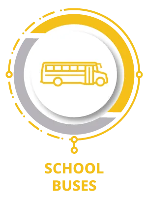 Yellow line drawing of a school bus with text label beneath