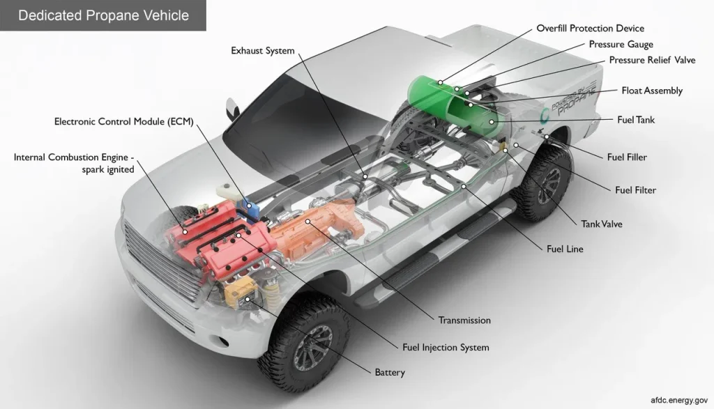 Diagram of a dedicated propane vehicle showing labeled propane fuel system components